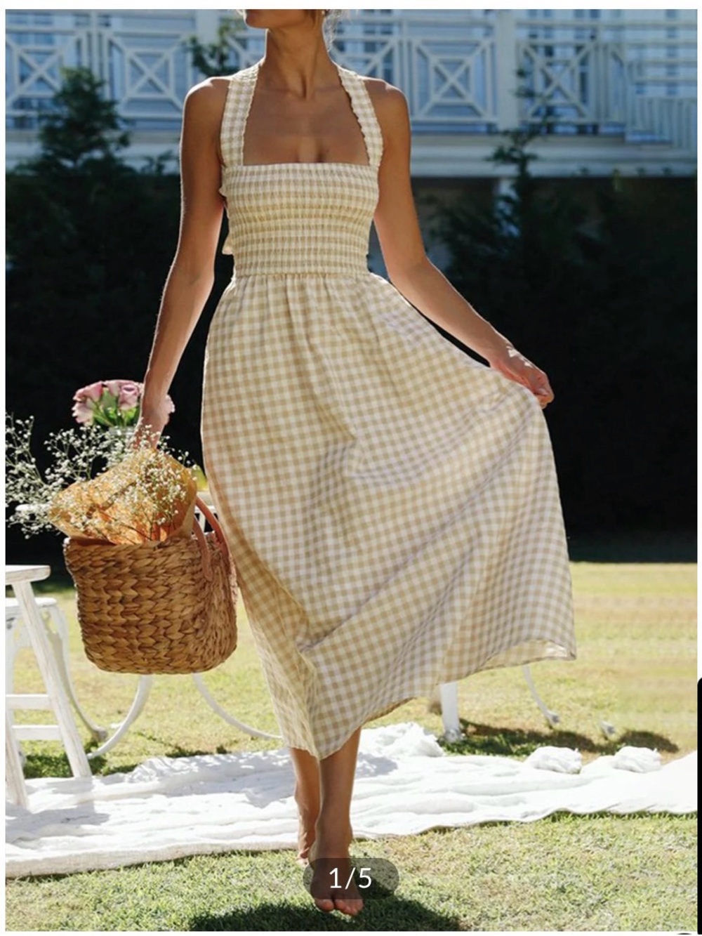 NWT Commense Countryside Plaid Print Halter Criss Cross Long Dress - Size Small